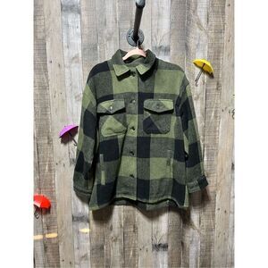 Workshop Republic Clothing Olive Green Buffalo Plaid Flannel Shacket NWT